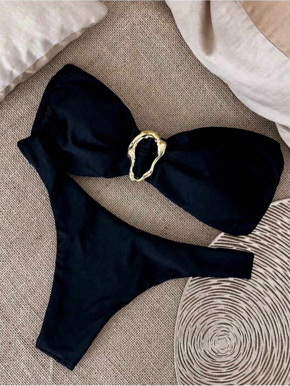 Black Bandeau Bikini Set with Gold Accent